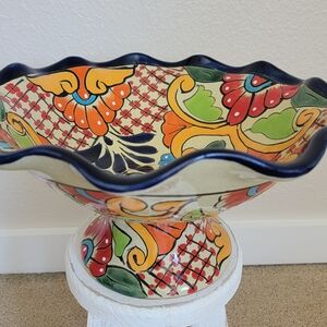 Talavera Pottery Fruit Bowl/Pedestel Mexican Ceramic Kitchen Bowl Large 13"
